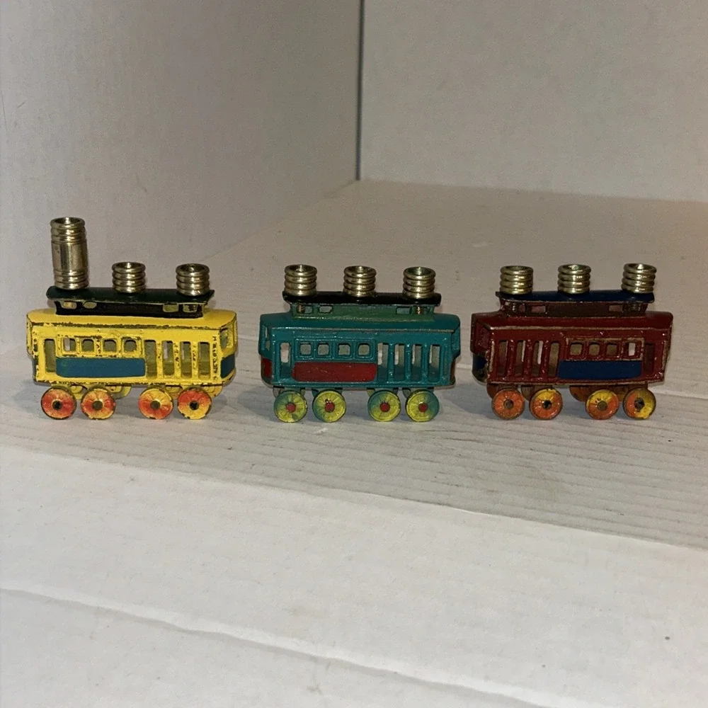 Vintage Kids Menorah Cars Train Hanukkah‎ Judaica Trolley Cast Iron Brass D4